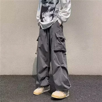 גברים מצנח בסגנון היפ-הופ סטריט סרבל גדול בכיס המכנסיים Harajuku חופשי מוצק צבע מזדמנים מכנסיים Y2K רגליים מכנסיים