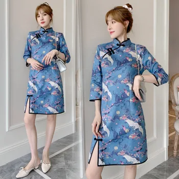 האביב הסיני אלגנטי מודרני הדפסה שמלת זמש שנות ה-שרוול משופר שסף כחול הדפסה קריין Cheongsam חצאית שמלות שושבינה