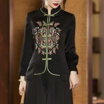 האביב וינטג 'בסגנון סיני צ' יפאו כפתור אלגנטי Hanfu שיפור רקום Cheongsam טאנג חליפה חולצה לנשים