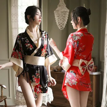 האישה רטרו הלבשה תחתונה כותונת לילה סקסית אישה קימונו יפני בסגנון פרחוני מודפס יאקאטה V-צוואר שקוף משי פיג ' מת הלבשת לילה