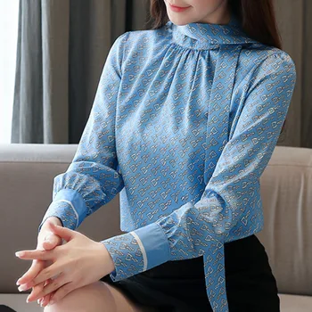 החולצה נשים 2022 קשת בגדי נשים שרוול ארוך שיפון חולצה blusas מודפסים בכחול נשים מקסימום blusas חולצות בגדים