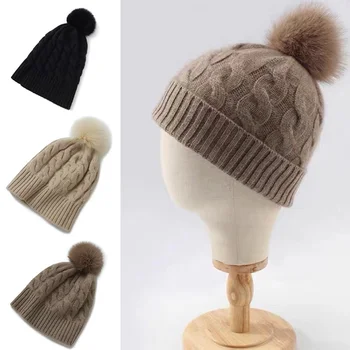 החורף בעבודת יד סרוג כובע כפת קטיפה קשמיר כובע Faux פרווה הכדור בקפוצ ' ון חם עיבוי Windproof כובע אופנה מזדמנים