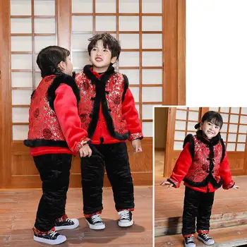 החורף השנה החדשה תלבושות בנים סיני בנות מקסימות כותנה טאנג חליפה ילדים רקמה מסורתית עבה מרופד