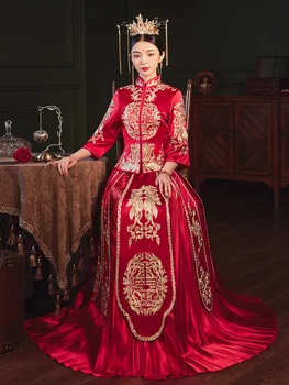 המסורתי הכלה רקמה Cheongsam נשים יוקרה המלכותית העתיקה הסיני שמלת החתונה מזרחי צ ' יפאו