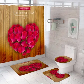 ורד אדום פרח לב וילון מקלחת ערכות יום האהבה מאהבת בציר לוח עץ אמבטיה וילונות שטיח האמבטיה שטיח כיסוי האסלה