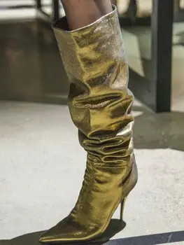 זהב ורפוי 2022 בחורף מגפי פגיון בוהן מחודד גבוה העקב להחליק על אופנה נשים סתיו של מגפיים עקב גבוה דק להתלבש נעליים