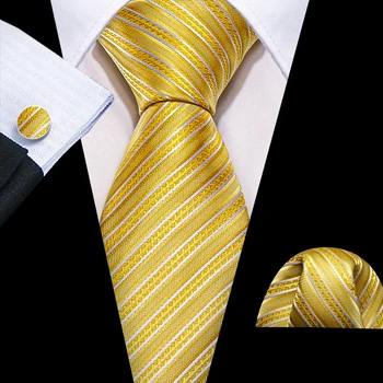 זהב של הגברים העניבה מעולה פס משי צוואר עניבה אקארד חפתים מטפחת סטים חתן עסקים מסיבת מתנות בארי.וואנג DS-6369