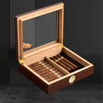 זכוכית סיגר הטבק שחור אגוז עץ מלא קיבולת גדולה עץ ארז לחות טמפרטורה קבועה סיגר תיבת אחסון