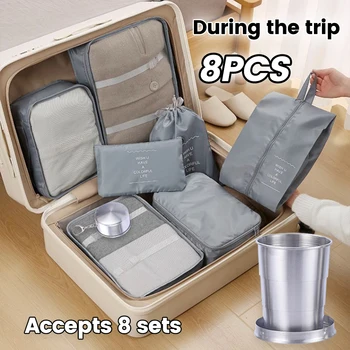 חדש 8Pcs סט נסיעות אחסון נרתיק+כוס נייד בגדים במזוודה תיק מסודר ארגונית פריטי יוניסקס תכליתי הביתה חיוני
