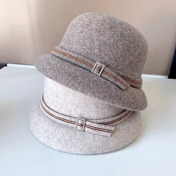 חורף כובע צמר דלי כובעים לנשים צרפתי אלגנטי אגן כובע מכורבלת חמים צמר מתקפל דייג כובע כובעים
