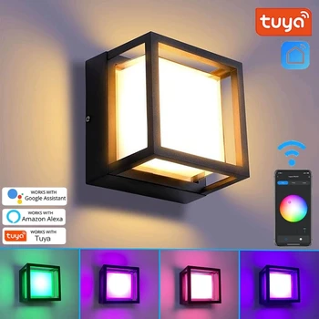 חיצונית Tuya Wifi LED Smart מנורות קיר 10W הקוביה RGB האפליקציה ניתן לעמעום מנורות קיר עמיד למים גן אלקסה הבית של Google אור הקיר AC85-265V
