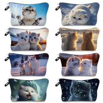 חמוד ושיק שלג החתול חיה להדפיס את תיק האיפור מתקפל אופנה של נשים קוסמטיים תיק חוף מארגן נסיעה קטן ערכת מוצרי טיפוח