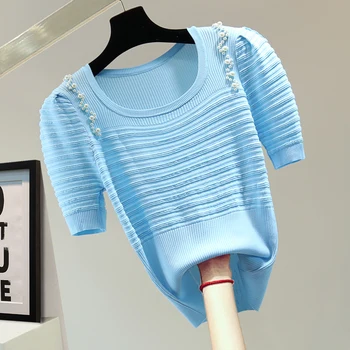 חרוזים פסים פאף שרוול החולצה 2023 הקיץ Tees הנשי חולצת טי שרוול קצר סרגה סוודר אופנה בנות כחול לסרוג חולצות