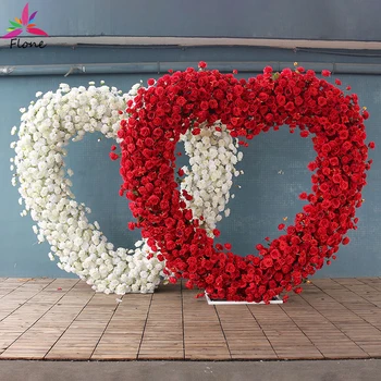 חתונת יוקרה בצורת לב אדום רוז פלר Artificielle עם קישוט בצורת לב-מסגרת פרחונית מסיבת רקע תפאורה לעמוד