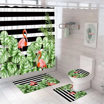 טרופי פלמינגו וילון מקלחת ערכת החלקה שטיח שטיח האמבטיה שירותים כיסוי עלים ירוקים צמח שחור לבן פסים וילונות אמבטיה