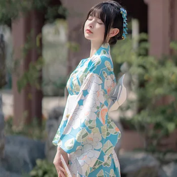 יפן בסגנון המסורתי של נשים קימונו הדפסים פרחוניים בקיץ יאקאטה רטרו סגנון שמלה ארוכה תחפושות קוספליי ביצוע השמלה