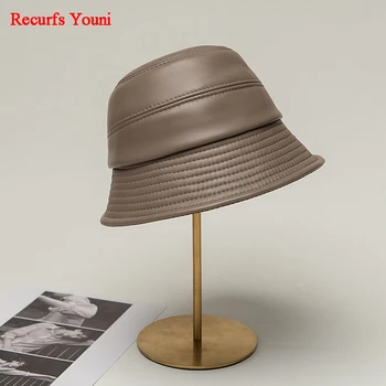 יפנית דלי כובע נשים גדול Birm השמש צל 100% עור אמיתי דייג כובעי נקבה שיק אפור סגול אגן Casquette רחוב