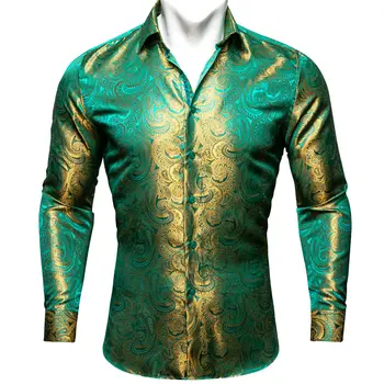 ירוק זית חדש חולצות מעולה פייזלי שרוול ארוך דש חולצות מזדמנים מתאים רשמית מסיבת מעצב עסקים בארי.וואנג סיי-604