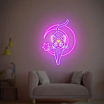 ירח החתול ניאון אנימה אורות LED אמנות קיר עיצוב חדר השינה חדר משחקים, סלון, חדר ילדים, בנות מנורת לילה