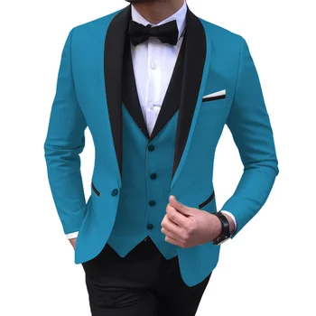 כחול שסף Mens חליפות 3 פיסת הצעיף השחור דש מזדמן טוקסידו לחתונה השושבינים חליפות גברים 2020 (בלייזר+אפוד+מכנסיים)