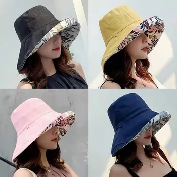 כפול בצד יוניסקס Harajuku דלי כובע נשים אופנתי כותנה חוף השמש כובעים הפיך נשי פרחוני כובע פנמה