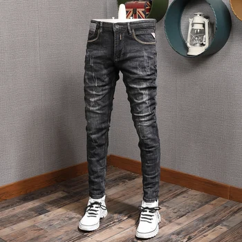 לאחרונה מעצב אופנה גברים ג 'ינס רטרו שחור אפור אלסטי Slim Fit ג' ינס קרועים גברים מכנסיים בציר מזדמן מכנסי ג ' ינס גבר