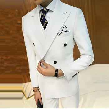 לבן אנשי עסקים בחליפה טיפוח Slim Fit חליפות חתונה גברים כפול עם חזה טוקסידו 3 חתיכות חליפות מותאמות אישית (ז ' קט+אפוד+מכנסיים )