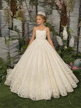 לבן שנהב טול תחרה שובל בלי שרוולים רקום פרח ילדה שמלת חתונה אלגנטית פרח ילדה טכס יום הולדת השמלה