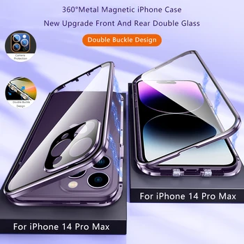 מגנטי ספיחה מתכת מנעול הצמד מקרה עבור iPhone 14 13 12 11 Pro מקס דו צדדית זכוכית Shockproof מלא עדשה להגן כיסוי