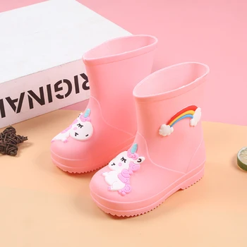 מגפי גשם לילדים ארבע עונות ילדה חמודה 3D קרן עמיד למים נעלי ילדים בנים PVC מגפי תינוק נעלי מים Rainboots