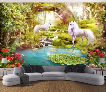 מותאם אישית ציור צילום 3d טפט יער סוס לבן קרן קישוט חדר ציור 3d ציורי קיר טפט על קירות 3 d