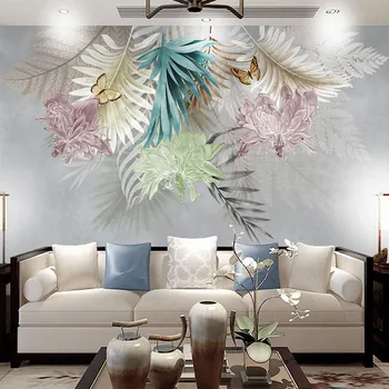 מותאם אישית ציור קיר טפט מודרני בסגנון נורדי צבעוניים עלים פרפר פרסקו בסלון טלוויזיה, ספת שינה עיצוב הבית 3D מדבקת קיר
