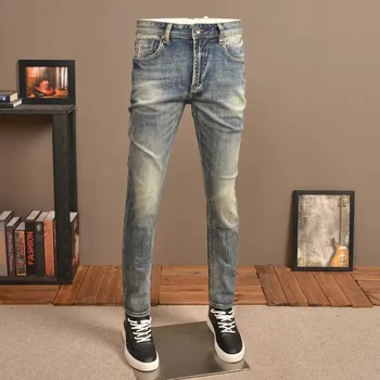 מותג אופנה ג 'ינס של גברים רטרו סלים רחוב ג' ינס עיצוב ייחודי מזדמנים גברים של מכנסיים
