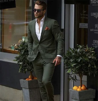 מזדמן ירוק כהה Mens חליפות חתונה Slim Fit החתן חליפות 2 חלקים ג ' קט מכנסיים עסקים זכר בלייזרס נשף תחפושות Homme
