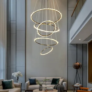 מנורת Led יוקרה דופלקס בבניין קריסטל נברשת בסלון מדרגות הזהב המודרני צורה פשוטה מעגל מעגלי תאורה