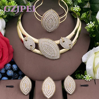 מצופה זהב תכשיטים מגדיר עבור נשים סיבוב שרשרת עגילים טבעת או צמיד משתה החתונה תכשיטים