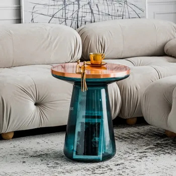 נורדי זכוכית עגולים שולחנות קפה יצירתי הסלון אור יוקרה מתכת לצד שולחן קפה שקוף Stolik Kawowy רהיטים