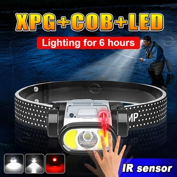 נטענת LED פנס רב עוצמה XPE+COB LED הראש פנס IR ראש חיישן מנורת USB חיצונית דייג פנס פנס קמפינג