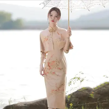 ניו וינטג 'קטיפה Cheongsam שמלת נשים סינית מסורתית בגדי סתיו שיק אקארד תחרה צ' יפאו הצוואר סקסית אסיאתית בגדים