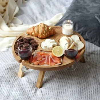 נייד שולחן פיקניק מעץ חיצוני קיפול שולחן פיקניק מחזיק נייד 2 ב 1 כוס יין מתלה גבינה פירות לארוחת פיקניק
