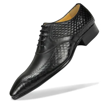 נעלי Mens שחור קלאסי אופנה עור תחרה יוקרה מכובד מרקם חלק, סגנון מוצק אלגנטי Bussiness החתונה פאטוס