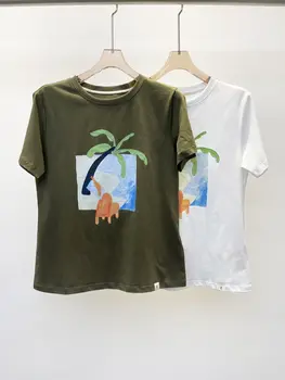 נשים כותנה O-צוואר חולצת הטריקו 2023 קיץ חדש 2 צבעים נשים שרוול קצר בנות העץ החוף הדפסה טי מקסימום