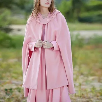 נשים עם ברדס הגלימה כפתור קישוט חופשי פשוט גרסה סגנון מוצק צבע מקסימום הסתיו והחורף בגדים