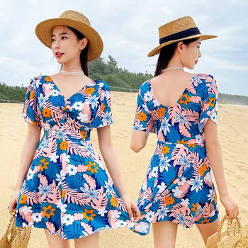 נשים קיץ אלגנטי אופנה מפוצלים פרח שמלה חלק אחד בגדי ים קצר השרוול גבוה המותניים חוף חצאית מיני בגדי ים