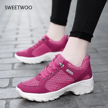 נשים שרוכים נעלי ספורט פלטפורמה ריפוד נוח שטוח נעליים יין אדום האביב והקיץ