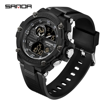 סאנדה 2023 G החדש סגנון Mens שעון תצוגה כפולה אלקטרונית קוורץ שעון ספורט תחת כיפת השמיים 50 מטר עמיד למים LED דיגיטלי תאריך שעון 3196