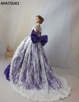 סגול Bowknot חתונה תחרה שמלת בובה ברבי נסיכה 1:6 בערב, ללבוש שמלות ארוכות בובת בגדים עבור ברבי בובות
