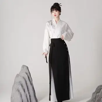 סיני Hanfu השמלה 2pcs שיפור הסגנון המודרני מסורתי לבן&שחור לחצות צווארון שרוול ארוך חולצה+חצאית סטים בתוספת גודל 2XL