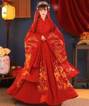 סיני Hanfu שמלת האביב נשים וינטאג ' דרקון ופניקס רקמה אדום מסורת
