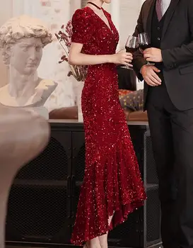 סיני החתונה נצנצים אדומה שמלת הכלה הנוצץ זנב דג נשים הבמה לפתוח בחזרה